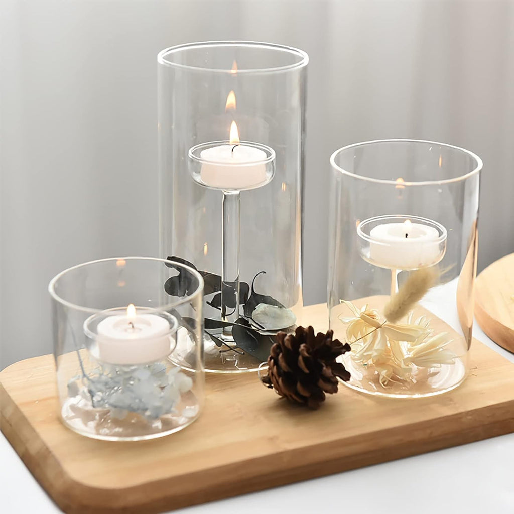 Glass Hurricane Candle Holder, 3pcs Clear Cylinder Candle Holders Bulk for Pillar Candles, Open Ended Glass Candle Pedestal for Wedding Centerpieces Tables, Party, Event(No.01)