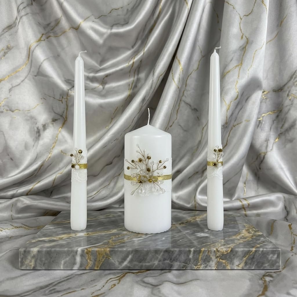 Unity Candle Set - Wedding Ceremony & Reception – 6” Pillar & Two 10” Taper Candles – Long Burning Unity Candles for Marriage Ritual – Handmade in USA – Diamond |Gold