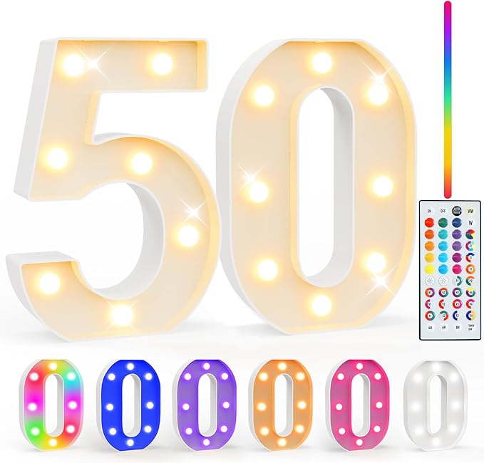 Pooqla 50th Birthday Decorations for Her Him, 35 Colors LED Light Up Numbers with Remote, Multicolor Marquee Numbers 50 Sign for Party Wedding Anniversary Decor 50th Birthday Gift, Number 50