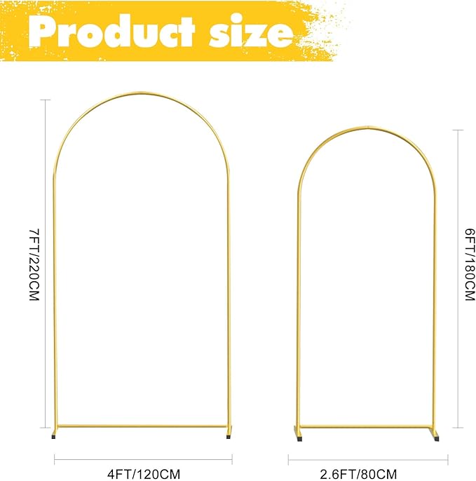 Gold Metal Wedding Arch Backdrop Stands Set of 2 (7.2FT & 6FT), Metal Square Balloon Arch Frame for Birthday Party, Ceremony, Baby Shower