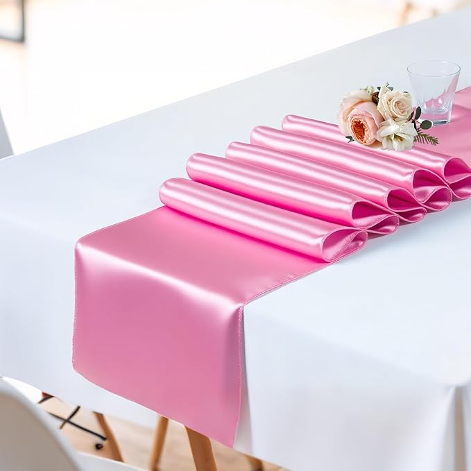 SHEJIZE 10 Pack Pink Satin Table Runner 12x108 Inches Long, Bright Silky Smooth Satin Table Runner Table Decor for Wedding Banquet Christmas Prom Event Birthday Party