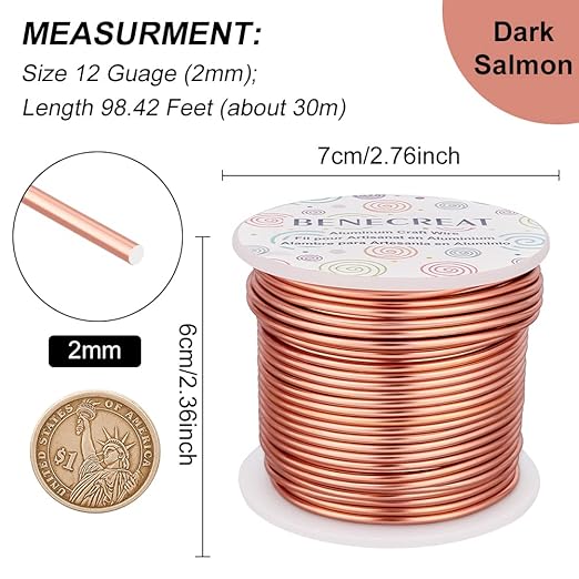 BENECREAT 12 Gauge 100FT Aluminum Wire Anodized Jewelry Craft Making Wire Beading Floral Aluminum Craft Material for Jewelry Craft Sculpture, Plant Gardening, Skeleton Making, Copper Tone