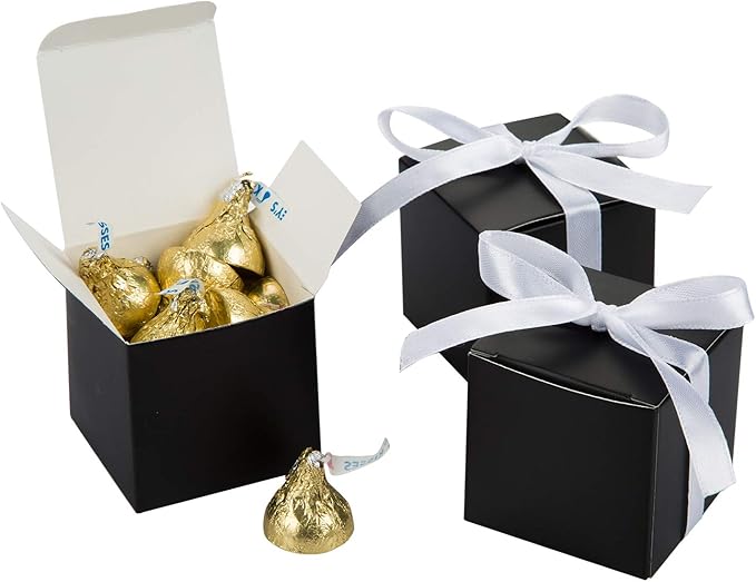 AWELL Black Gift Candy Box Bulk 2x2x2 inches with White Ribbon Party Favor Box,Pack of 50
