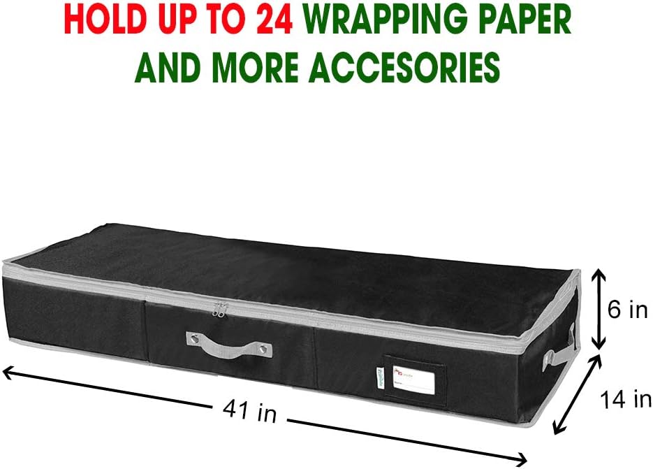 Wrapping Paper Storage Container | Gift Wrap Organizer Under Bed | 41”x14”x6” | Box Holder for 18-24 Rolls Up to 40” | 600D Oxford Material | Pockets for Ribbon, Bows, and Accessories (Black)