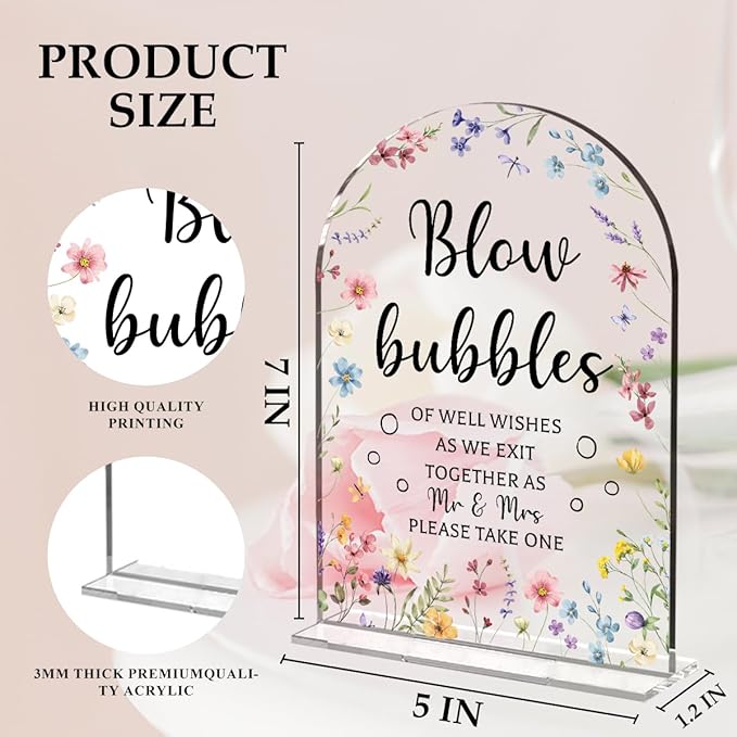 Wedding Sign Decor, Arch Acrylic 5x7 Inch, Blou Bubbles Sign Wedding Sign for Reception & Event, Bridal Shower Decorations, Wedding Table Sign Accessories for Anniversary And Party (Flower)