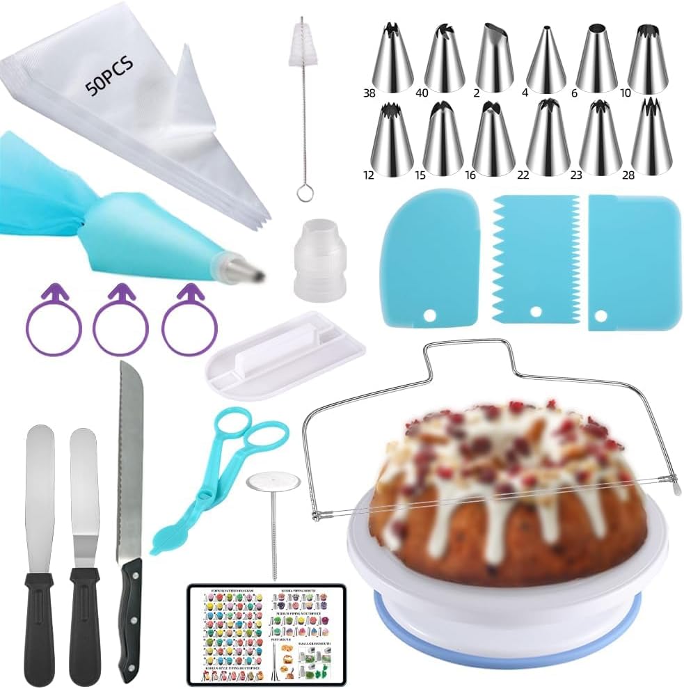 79PCS Cake Decorating Kit with Revolving Cake stand Turntable for Beginner | Includes Piping Tips and Bags Set,Spatulas,Icing Comb Scraper,Leveler,Cake Tool Baking Supplies