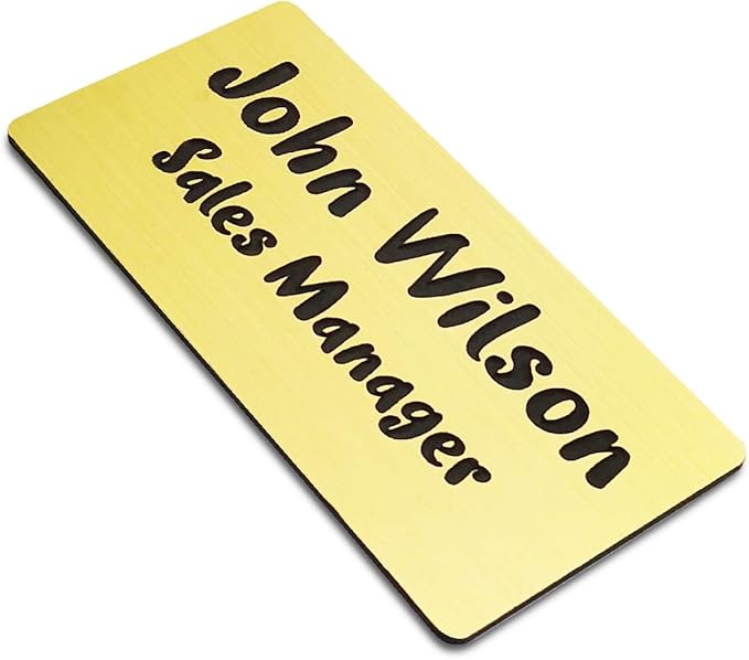 Custom Engraved Name Tag Badges for Business, Personalized Identification with Pin, Magnetic, Adhesive, or Blank Backing, 1.5"x3", Gold/Black Text
