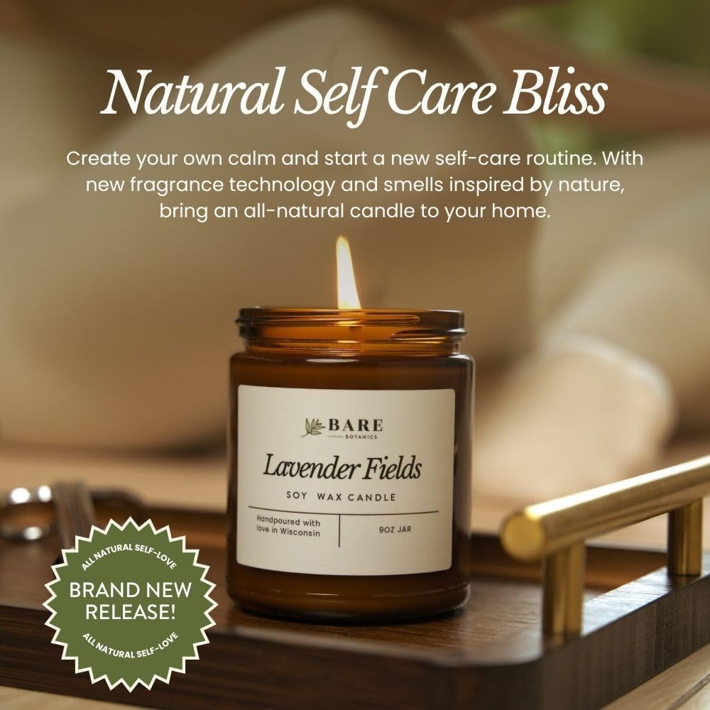 Bare Botanics 9oz Non Toxic Soy Candle Warm Vanilla Oak - 40+ Hour Burn | 100% Plant-Based Fragrance Oils | Handpoured in Wisconsin | Clean-Burning Soy Wax