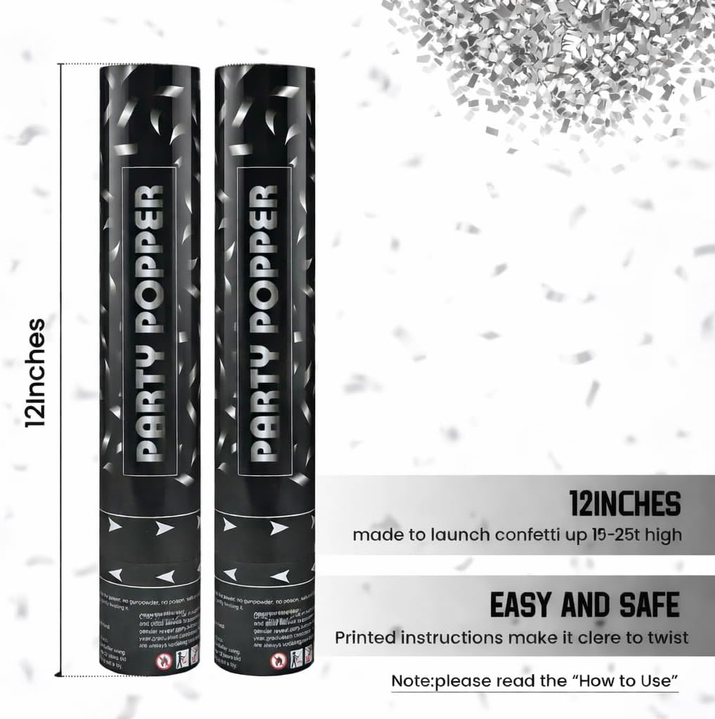 Confetti Poppers Silver Confetti Cannon 2 Pack Silver Foil Confetti 12 Inch Party Poppers for Wedding Birthday Graduation New Year’s Eve Party Decorations & Photo Props