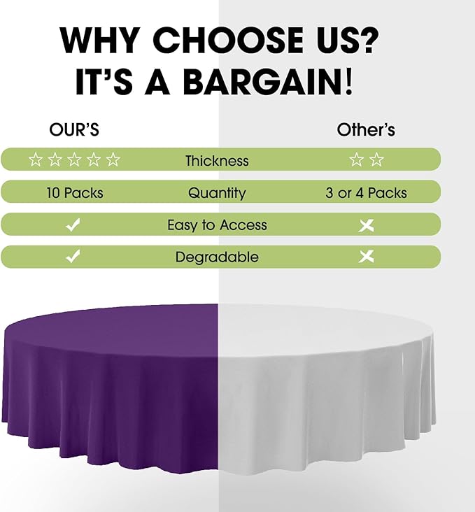 Pureegg Plastic Table Cloth Disposable 10 Pack, 84'' Round Table Cloths, Halloween Party Decorations, Summerween Decor, Halloween Tablecloths, Round, Plastic Cover, Leakproof & Sturdy, Purple