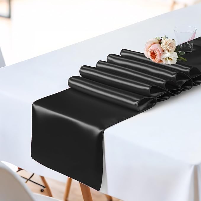 SHEJIZE 20 Pack Black Satin Table Runner 12x108 Inches Long, Bright Silky Smooth Satin Table Runner Table Decor for Wedding Banquet Christmas Prom Event Birthday Party