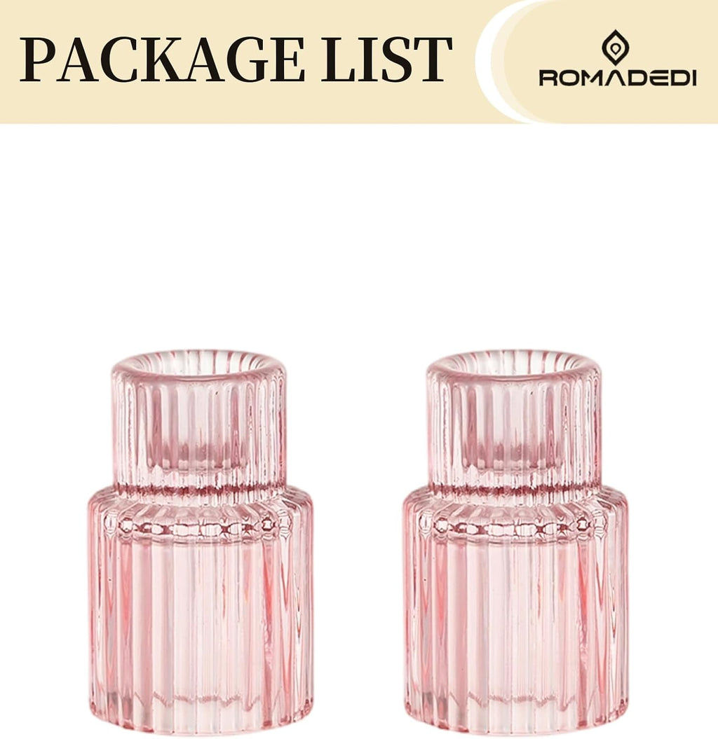 Romadedi Pink Glass Candle Holders - Set of 2 Ribbed Candlestick Holder for Table Centerpiece Elegant Taper Holder for Wedding Birthday Party Baby Showers Valentines Mother's Day Christmas