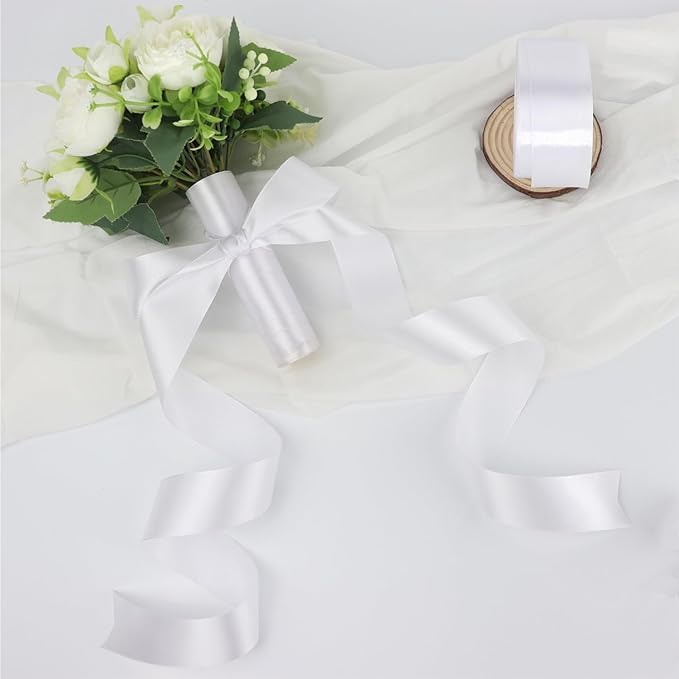 White Solid Satin Ribbon 1-1/2 Inch 50 Yards Solid Polyester Fabric Ribbon for Gift Wrapping Wedding Christmas Baby Shower Birthday Party Decoration Handmade Immortal Flower Craft