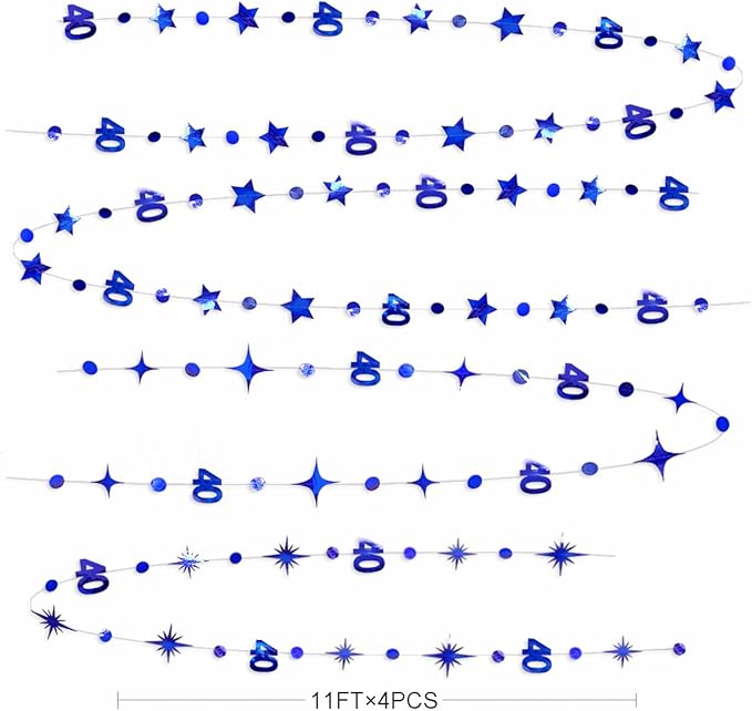 Navy Blue 40th Birthday Decorations Number 40 Circle Dot Twinkle Star Garland Metallic Hanging Streamer Bunting Banner Backdrop for Women 40 Year Old Birthday Forty Anniversary Party Supplies