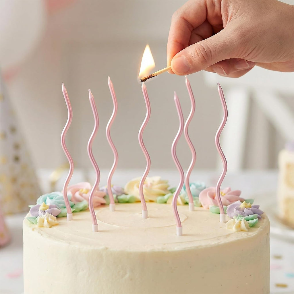 24 Pcs Pink Spiral Long Thin Birthday Candles, Twisted Curved Candle Cake Topper, Birthday Parties, Wedding Decoration