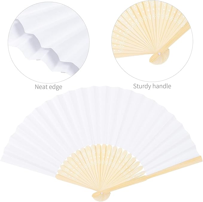 Aneco 36 Pieces Handheld Paper Fans Paper Folding Fans with Bamboos for Wedding Gift, Party, Home, DIY, White
