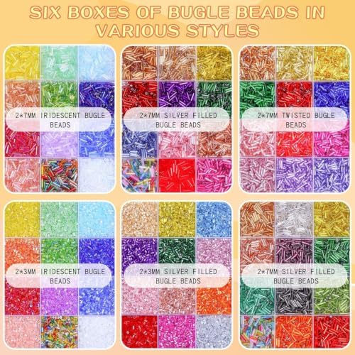 songin bugle beads kit, 6 boxes glass tube, front angle view