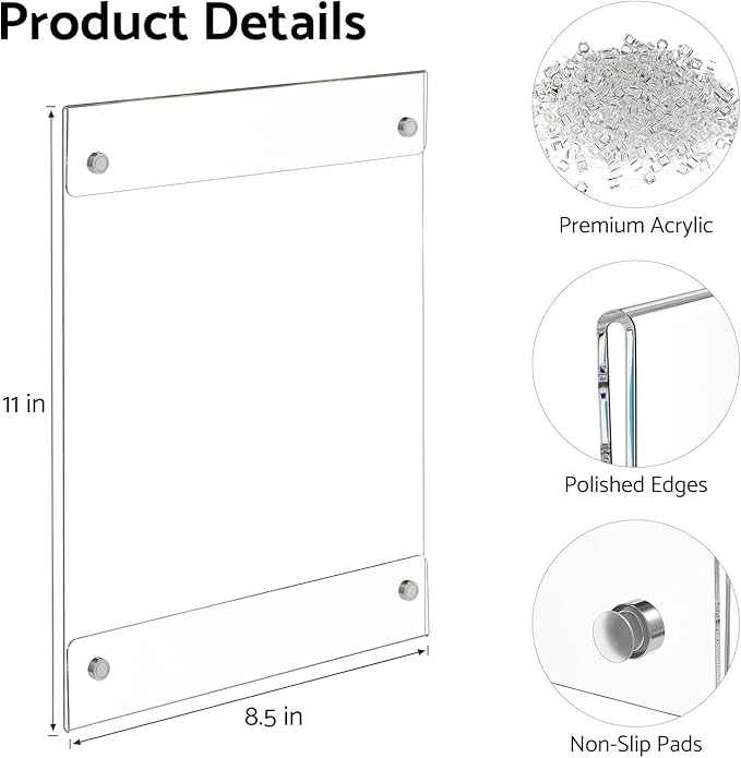 HIIMIEI Magnetic Acrylic Sign Holder 8.5 x 11 - Clear Picture Frame for Refrigerator with 4 Strong Magnets, Reusable Kids Artwork Posters Frames for Metal Surfaces, Whiteboard (3 Pack)
