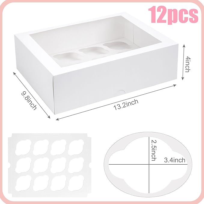 VGOODALL 12 Count Cupcake Boxes, 12PCS Cupcake Holder with Window White Pastry Boxes for Birthday Holiday Party Bakery Supplies