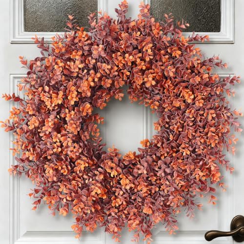 24" artificial fall boxwood wreath for front door, view 9
