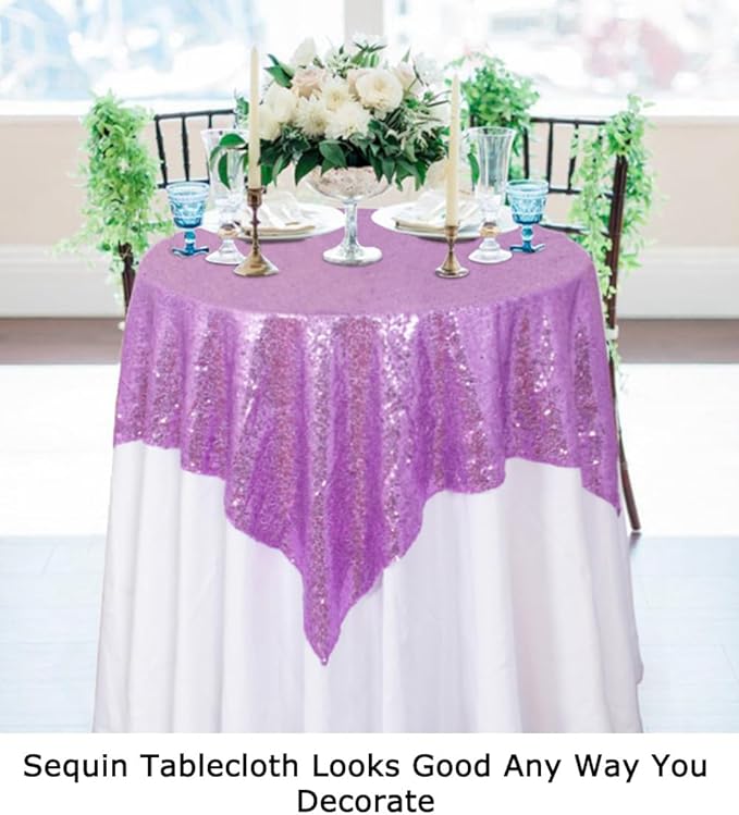 ShinyBeauty Sequin Tablecloth Square 54x54-Inch Lavender Table Cloths for Round Tables Light Purple Sequins Fabric Tablecloths Overlay Glitter Linen for Party Small Square Table Cloth Wedding