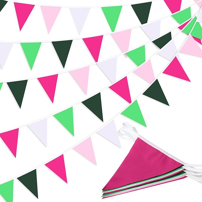 Pink White and Green Pennant Banner Garland Bunting Decorations for Wedding Home Outdoor Garden Hanging Festivals Birthday 33Feet 30 Flags