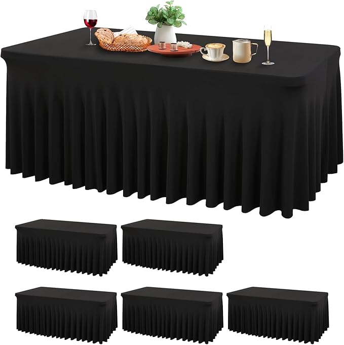 Wish Care 6 Pack Black Spandex Table Cloths for Rectangle Tables 8ft - One-Piece Wrinkle Free Fitted Table Cover 8 Foot Table Stretch Tablecloths for Party, Banquet, Wedding and Events