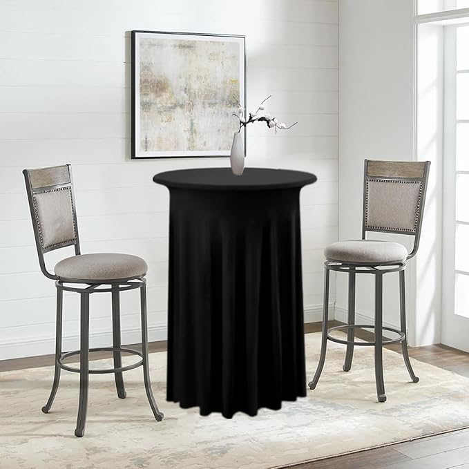 Albassa 2 Pack Cocktail Table Covers 32"x 43" Spandex Stretch Round Cocktail Tablecloths with Wavy Drapes Fitted High Top Bar Table Skirt for Wedding Party Banquet (Black, 2 PCS)