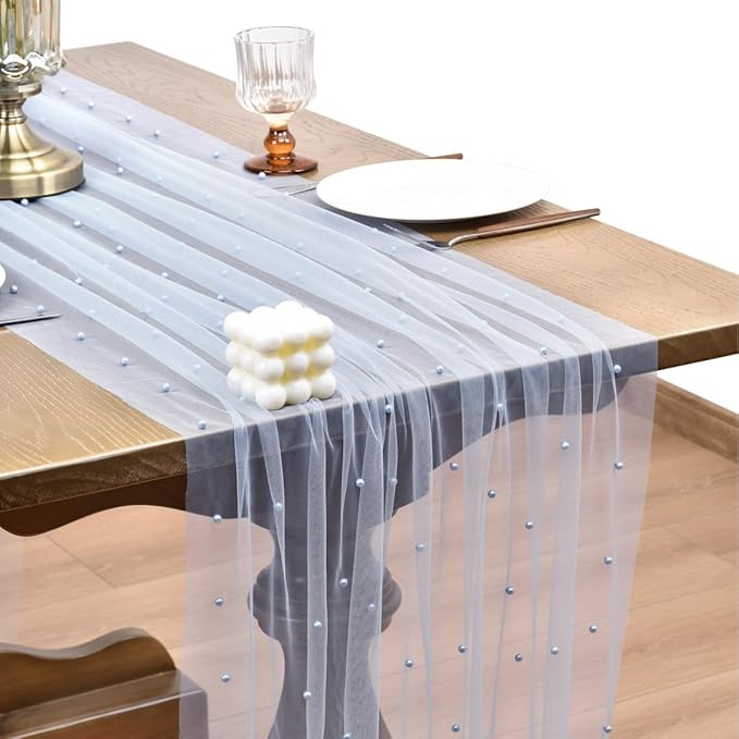 Joanlody Fall Pearl Table Runner 10ft Rustic Boho Tulle Table Runner with Pearls for Baby Shower Wedding Party Veil Dessert Thanksgiving Table Decor Blue 4pcs