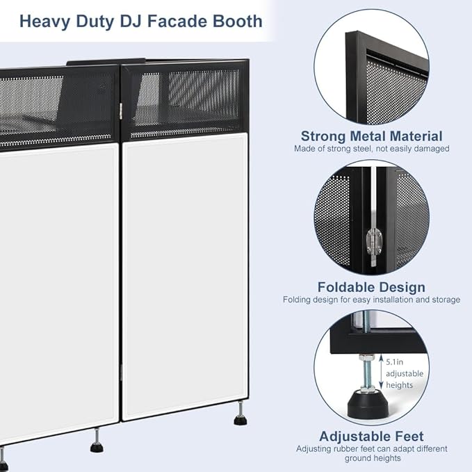 LUCKUP Portable DJ Booth 41"L x 20"W DJ Facade with White & Black Scrim, Foldable DJ Table Station with Adjustable Feet for Party, Black Metal Frame