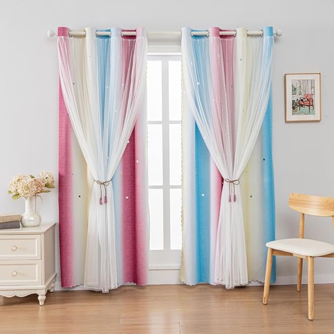FANLI Ombre Rainbow Blackout Curtains for Kid Girls Bedroom Living Room Darking Stripe Double Layer Star Cut Out Wall Home Decor Gradient Grommet Window Curtains （Blue Purple 52Wx63L）