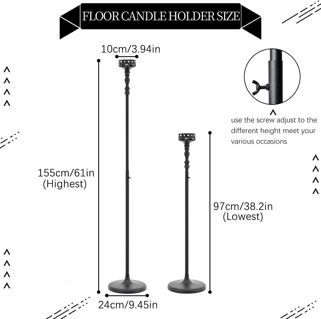 3Pcs Matte Black Floor Candle Holders Centerpieces for Pillar Candles | Adjustable Height,Halloween Metal Candlestick Set,Wedding Party Home Ceremony Mantel Fireplace Decorations