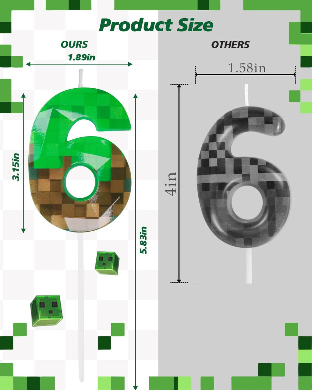 Pixel Birthday Candle, 2.68 Inch Miner Number Candles, Game Themed Candle Birthday Decoration for Pixel Theme Birthday Anniversary Dynamite Video Game Party (Green, 6)