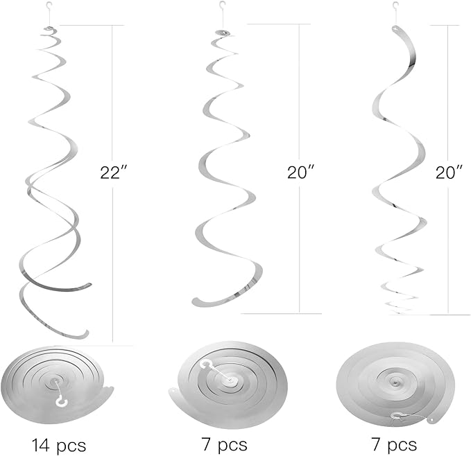 Silver Party Hanging Swirl Decorations Plastic Streamer for Ceiling, Pack of 28