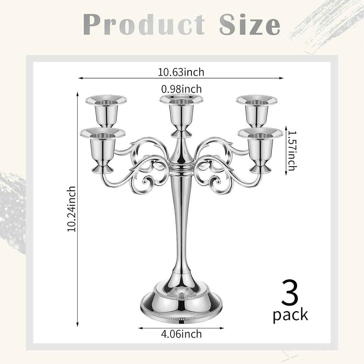 Dandat 3 Pcs 5 Arm Metal Candelabra Tall Holders, Silver, Classic