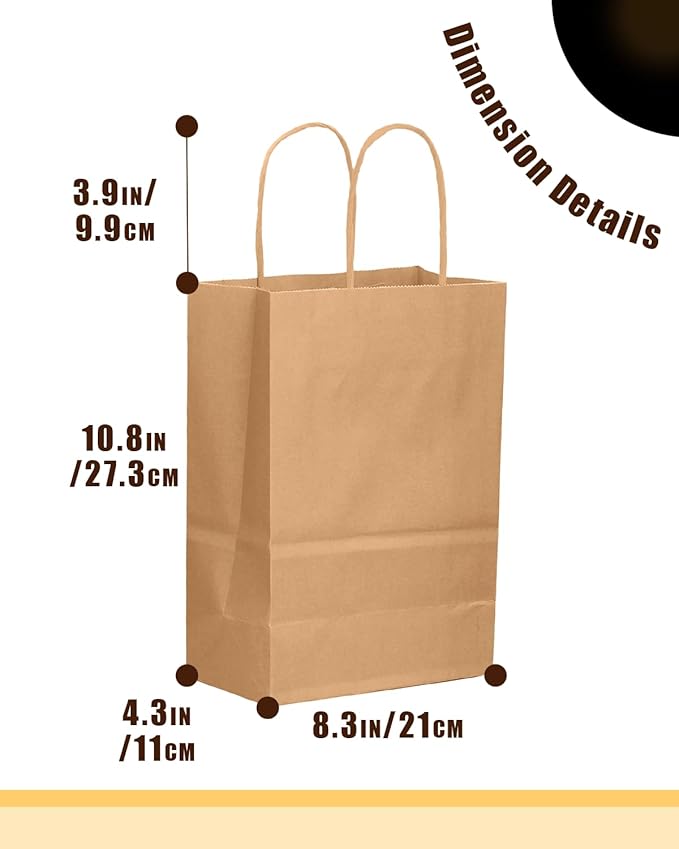 qiqee 50-Packs Brown Paper Gift Bags with Handles Bulk 11"x8.3"x4.3" Medium Size Paper Bags Multiple Uses