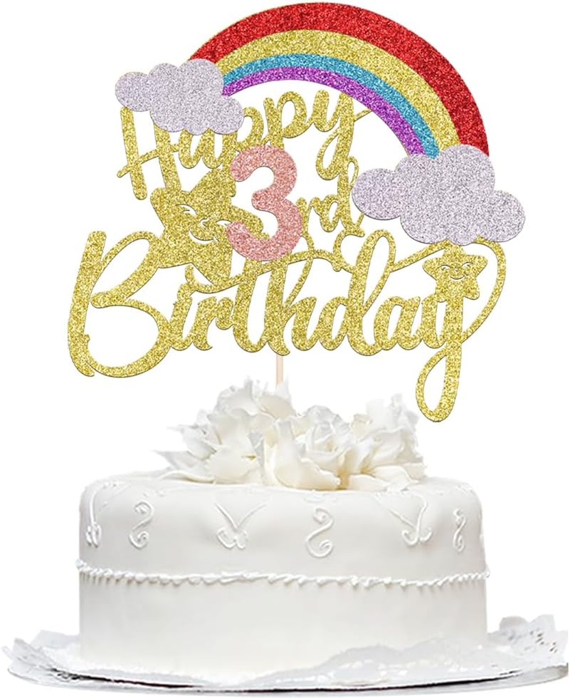 Rainbow Happy 3rd Birthday Cake Topper,Rainbow Themed 3rd Birthday Cake Decorations,Baby Shower,Boho Boy Girl Birthday Party Supplies