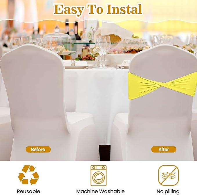 Kinlop 50 Pcs Spandex Chair Sashes Bows Chair Bands Slider Sashes for Covers Elastic Bands Ties Without Buckle Decorations for Wedding Party Events Ceremony Birthday(Yellow)