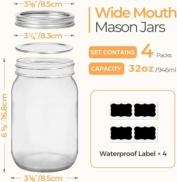 ComSaf Mason Jars 32 oz - 4 Pack, Wide Mouth Mason Jars with Lids, Prep Mear Glass Jars, Canning Jars for Pickling, Suntea, Salad, Honey, Desert, Shower Wedding Favors, DIY Candles Decor