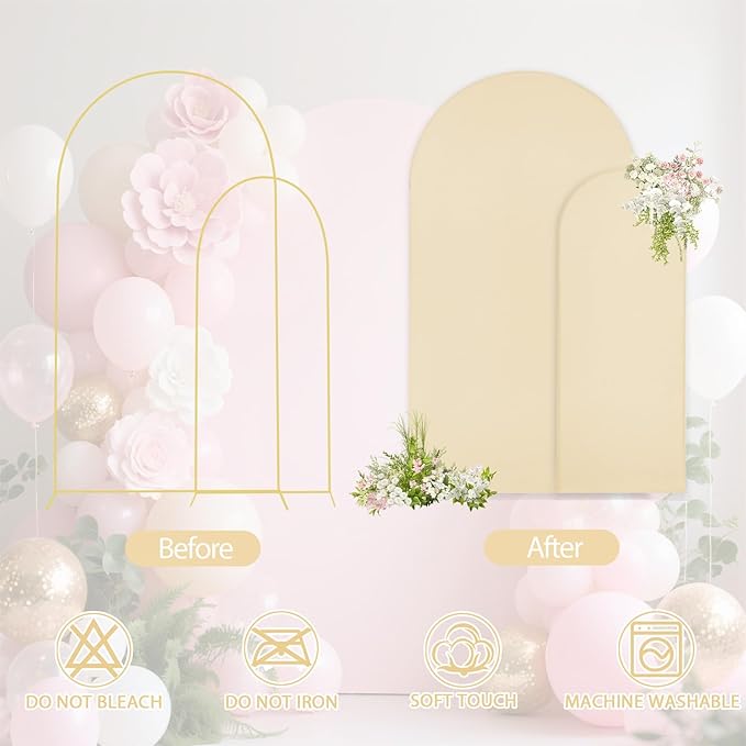 WEERRW Beige Arch Backdrop Cover Set of 2 Spandex Fitted Round Top Chiara Backdrop Stand Stretchy Wedding Covering for Event Birthday Party Banquet Decoration (6FT, 7.2FT)