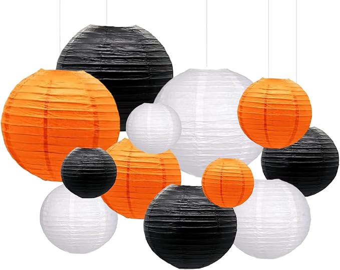 Orange Black White Paper Lanterns Decorative 12pcs Halloween Hanging Decorations for Graduation Thanksgiving Birthday Party Decorations