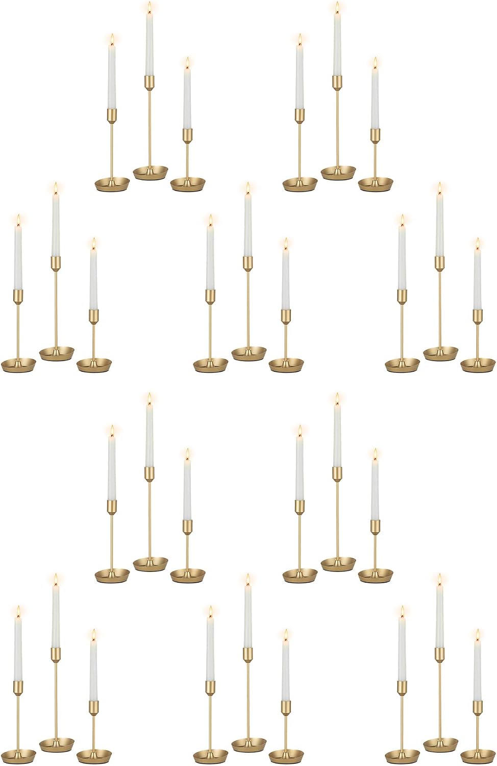 NUPTIO Taper Candle Holders for Centerpiece: Gold Candlestick Holders Bulk | 30 Pcs Tall Candleholders for Birthday Party, Brass Matte Candles Stick Decor Bulk Wax-catching Base for Table Fireplace
