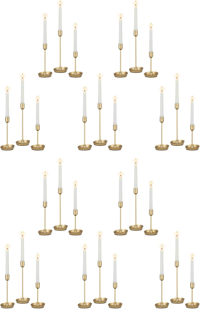 NUPTIO Taper Candle Holders for Centerpiece: Gold Candlestick Holders Bulk | 30 Pcs Tall Candleholders for Birthday Party, Brass Matte Candles Stick Decor Bulk Wax-catching Base for Table Fireplace