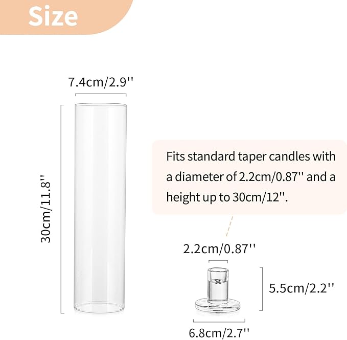 NUPTIO Candle Stick Candle Holder: Clear Glass Hurricane Candlestick Holders - Set of 6 Modern Taper Candle Stand with 11.8 inch Long Chimney Cover for Thanksgiving Christmas Fireplace Table Decor