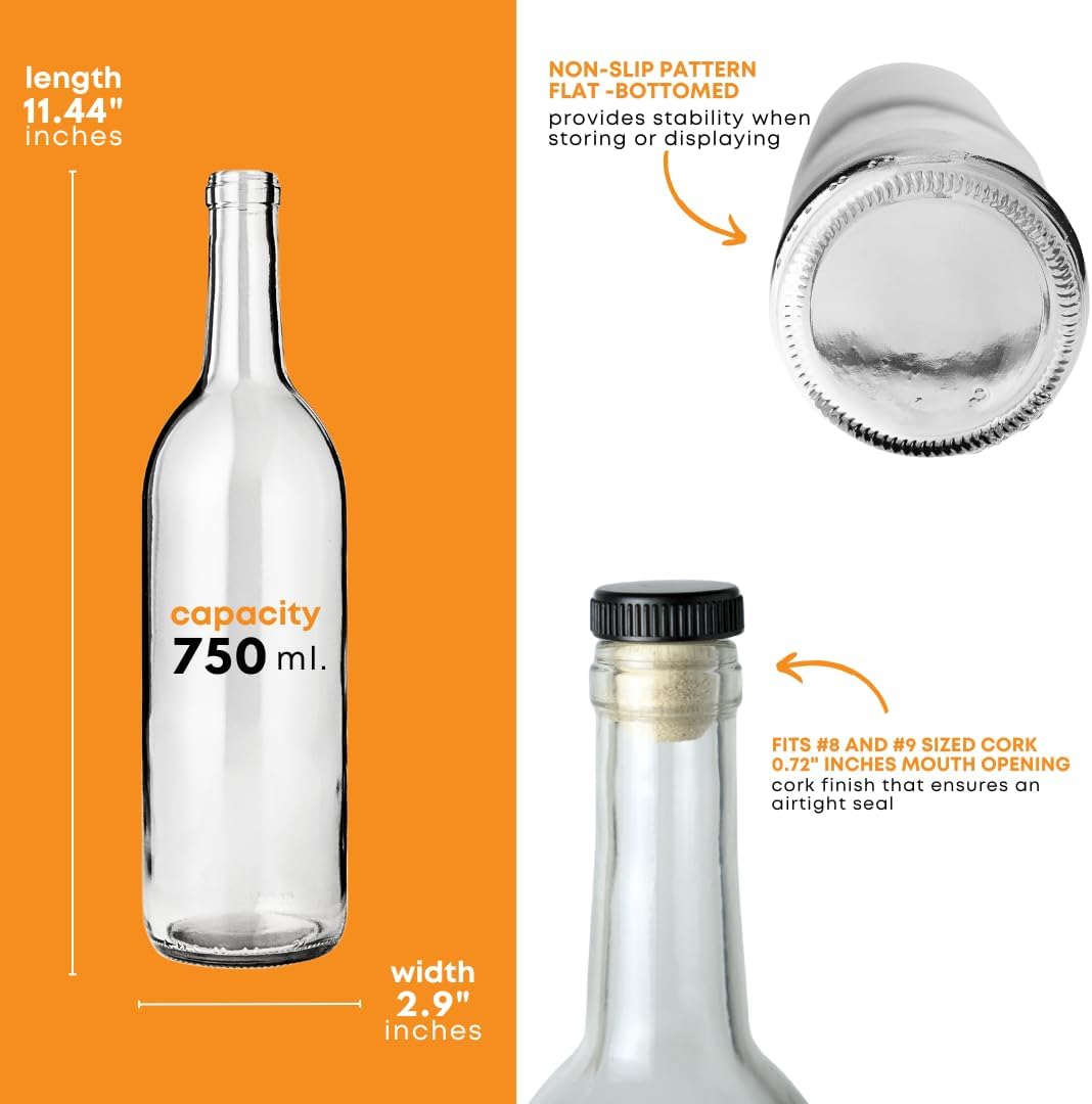 750ml Glass Bottle With Cork W5 Bordeaux - 6-Pack with Cognac T-Corks