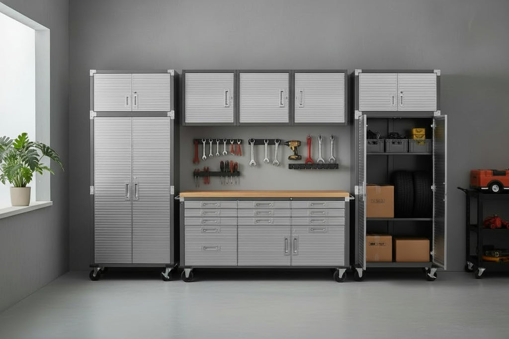 Heavy Duty 8-Piece Steel Garage Cabinet Storage Set with Rolling Workbench, Storage Cabinet System,Perfect for Big Garage or Workshop. (Graphite Black, 12 feet (144” W x 20" D x 90.5" H))
