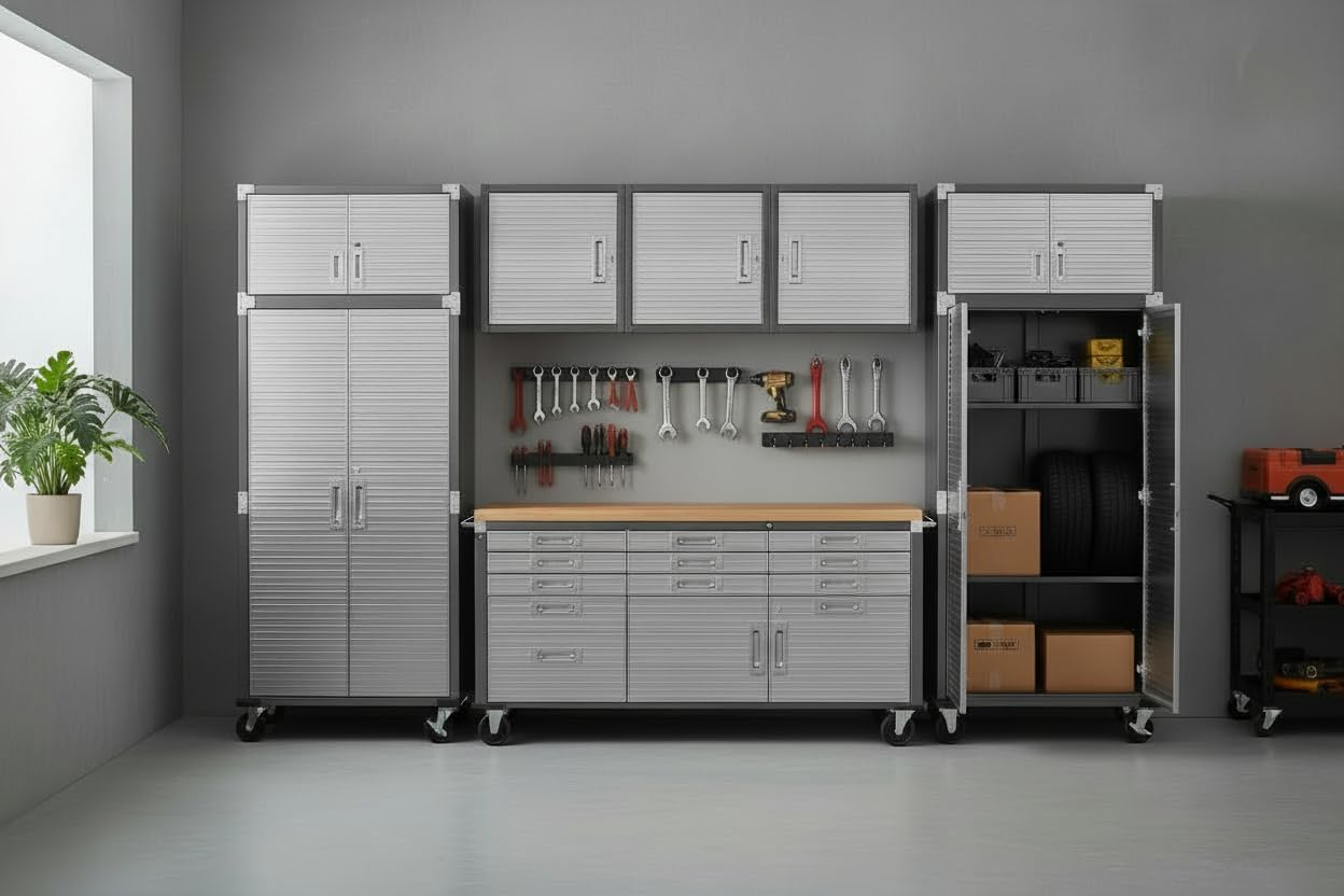 Heavy Duty 8-Piece Steel Garage Cabinet Storage Set with Rolling Workbench, Storage Cabinet System,Perfect for Big Garage or Workshop. (Graphite Black, 12 feet (144” W x 20" D x 90.5" H))