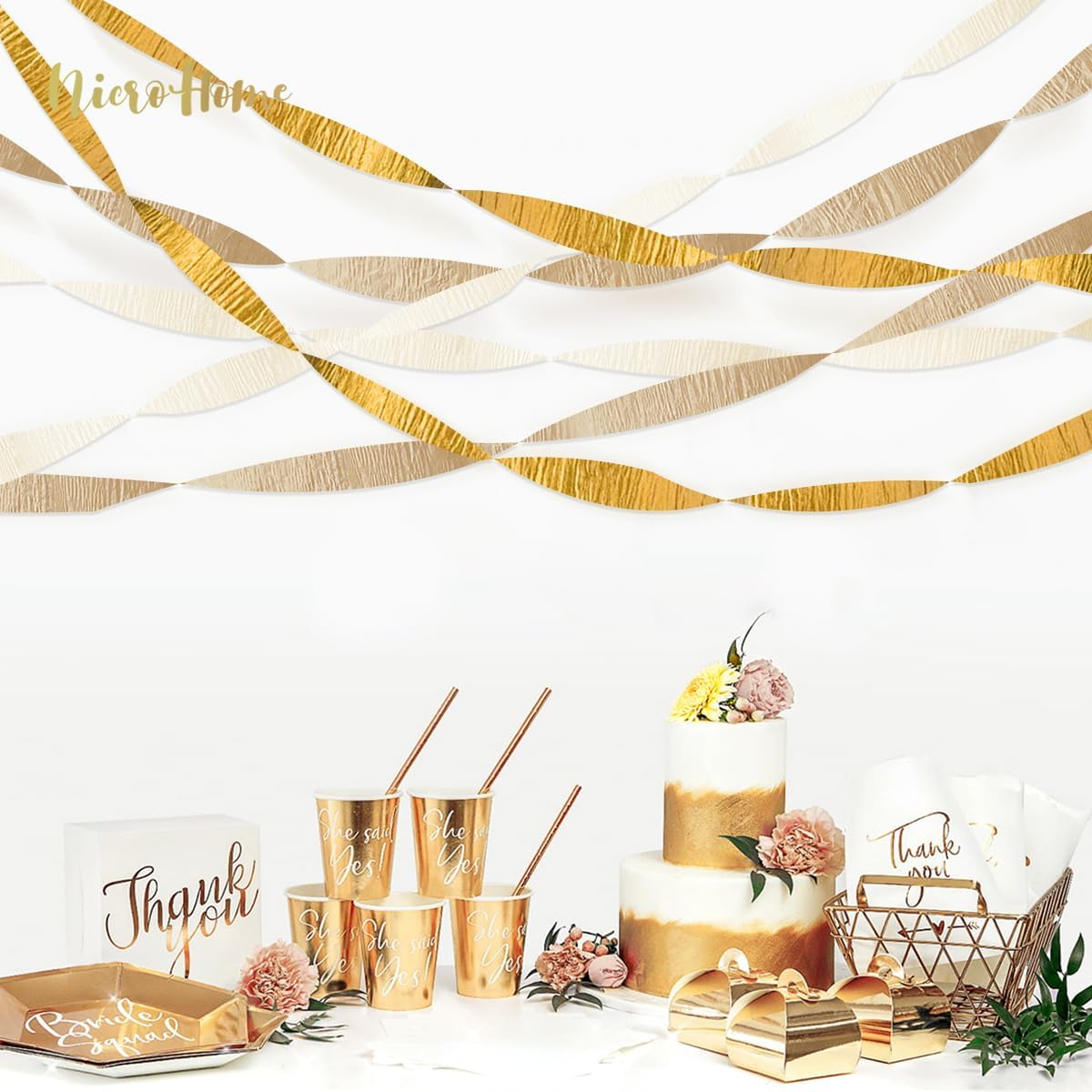 NICROHOME EUR Wedding Decorations, 6 Rolls Ivory White Gold Light Brown Crepe Paper Streamers for Bridal Shower, Birthday Party, Golden Engagement Party, New Year Decorations 82 Ft Long