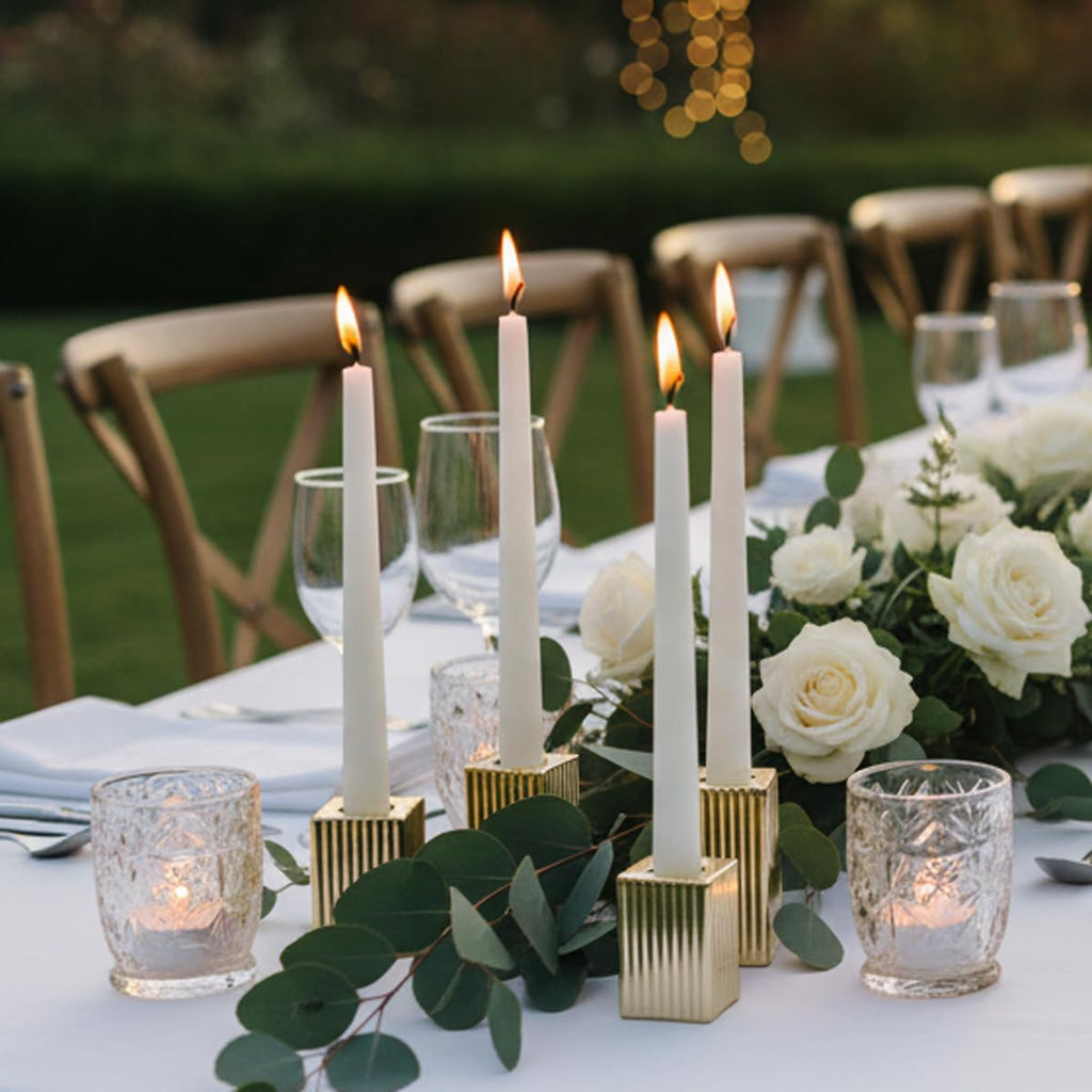 LETINE 12pcs Gold Vertical Stripe Glass Candlestick Holders - Chic Taper Candle Sticks Holder Set for Elegant Dining & Home Decor - Ideal for Christmas, Halloween, Thanksgiving