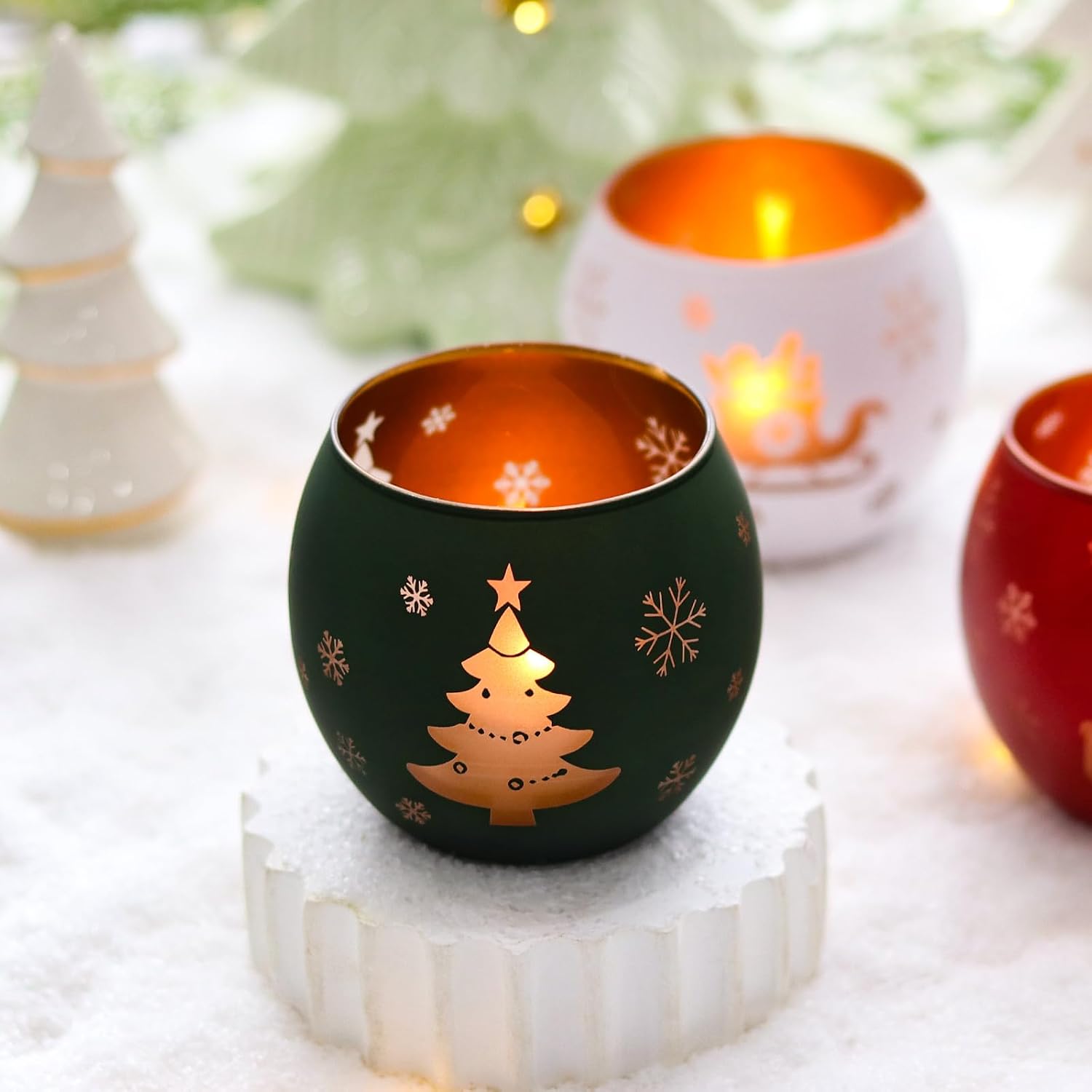 Christmas Candle Holders Set of 4, Frosted Glass Tealight Votive Holders with Snowflake, Reindeer, Christmas Tree Designs, Winter Holiday Table Centerpiece for Indoor Outdoor Decor (Red, Green, White)